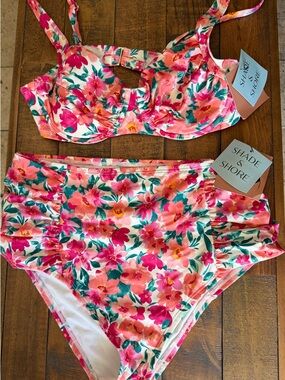 Shade & Shore Pink & Teal Floral High-Waist Bikini Set size Medium